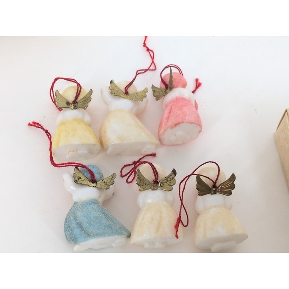 6 VTG Plastic Sugar Angels Christmas Ornament Metal Wings West Germany With Box - Picture 5 of 9